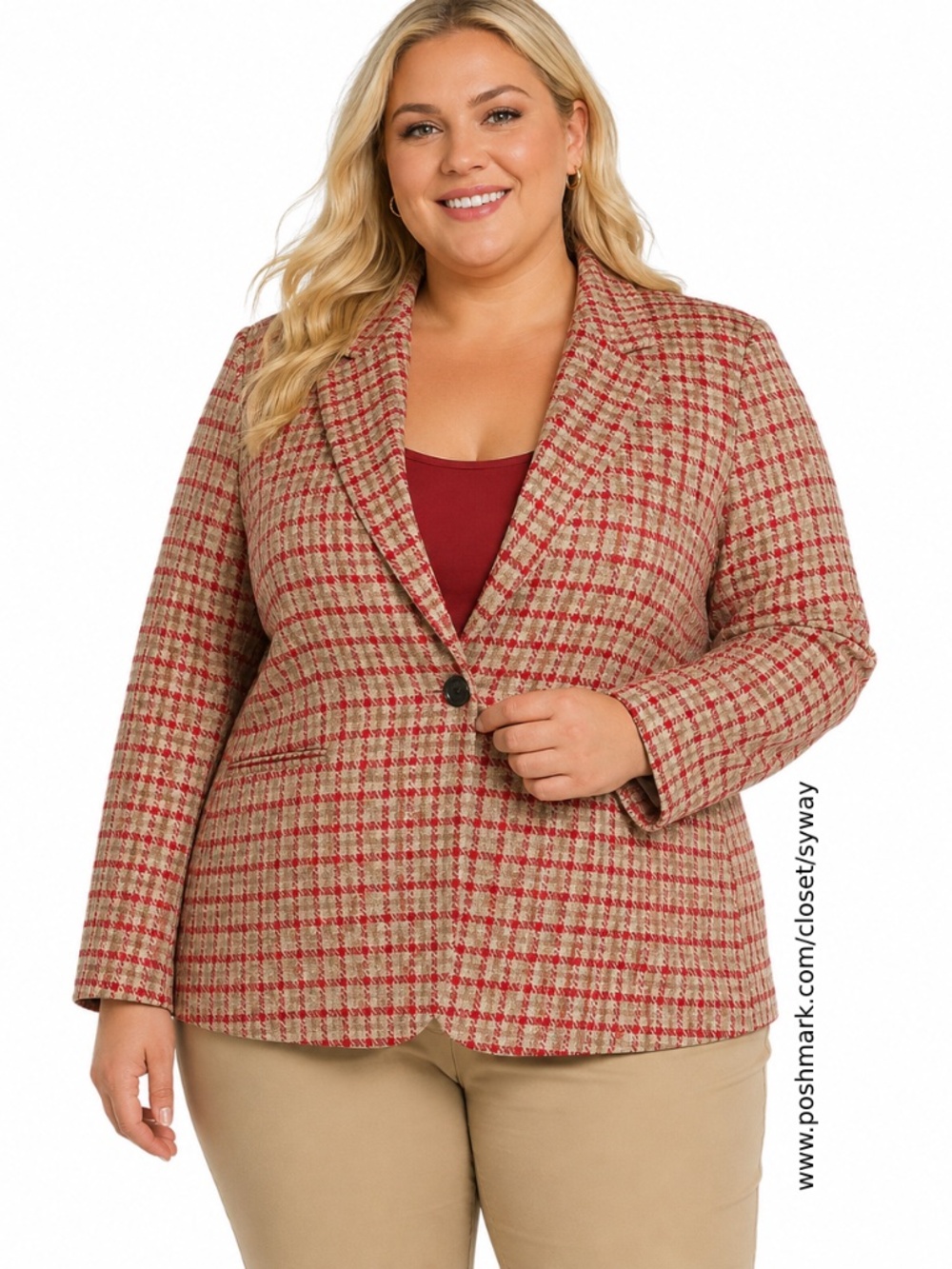 NWOT Lands End Blazer Houndstooth Plaid Sweater Fleece Sport Jacket Red